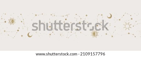 Trendy astrology seamless pattern, zodiac background hand drawn, stars, moon, space, great for textiles, wallpapers, surfaces - vector design Royalty-Free Stock Photo #2109157796