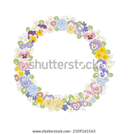 Variety Spring Garden flowers hand drawn flower wreath vector illustration isolated on white. Vintage Romantic spring floral round frame. Botanical floral arrangement for Happy Easter design.