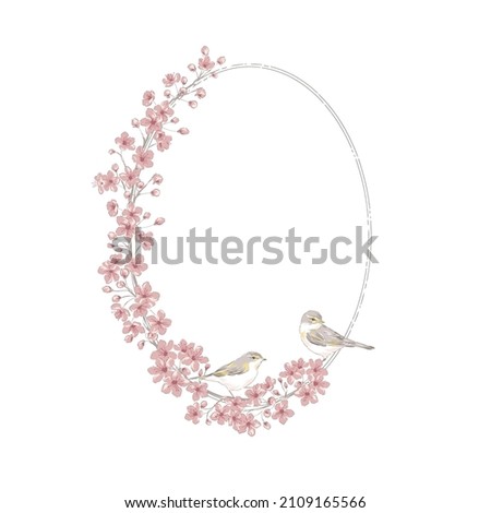Sakura Cherry blossom hand drawn flower frame with bird vector illustration isolated on white. Vintage Romantic spring floral oval frame. Botanical floral arrangement for Happy Easter design.