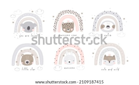 Cute rainbow and koala, bear, fox, bunny, sloth, leopard - vector print for baby. Vector print for creating posters, invitations, cards and wall decor 