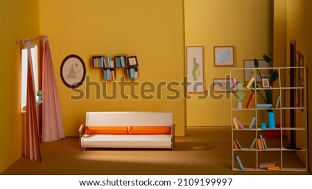 Interior of an apartment made of paper. Living room, warm colors, handmade.