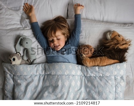 Child having fun before sleeping. Toddler emotion before a sleeping. View from above.Healthy child, sweetest blonde toddler boy  in a bed with a teddy bear and another stuffed animals.  Royalty-Free Stock Photo #2109214817