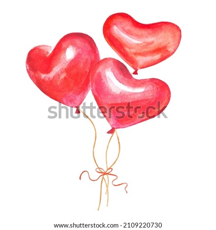 Watercolor hand draw illustration red balloons, with white isolated background