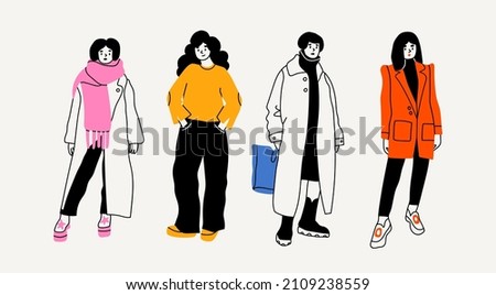 Street fashion look for girls. Young women dressed in stylish trendy oversized clothing. Models standing in various poses. Korean japanese asian cartoon style. Hand drawn Vector isolated illustrations Royalty-Free Stock Photo #2109238559