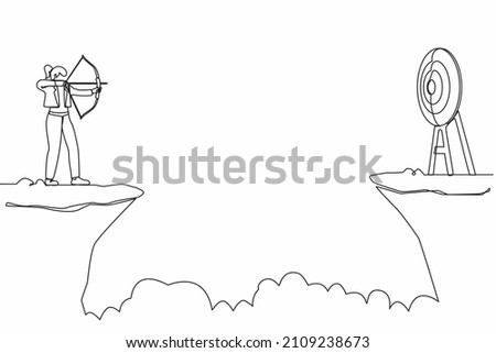 Single one line drawing businesswoman standing on cliff with archer in hand. Business target goals. Woman forced to successful. Shooting target with bow, arrow. Continuous line design graphic vector