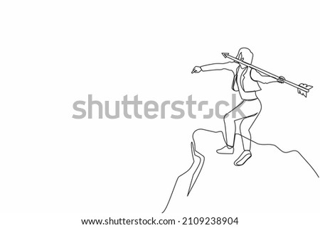 Continuous one line drawing determined strong businesswoman throwing rising up arrow to achieve goal. Business growth, success, improvement concept. Single line draw design vector graphic illustration