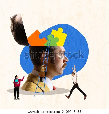 Contemporary art collage. Office workers, employees putting puzzles inside giant head symbolizing teamwork and ideas. Productive work. Concept of business, cooperation, communication, partnership Royalty-Free Stock Photo #2109245435
