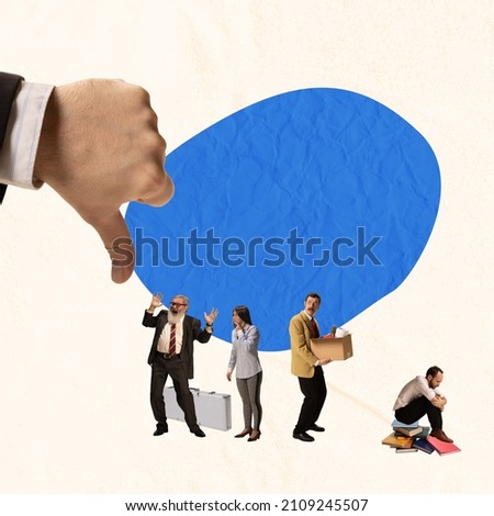 Contemporary art collage. Giant hand showing dislike gesture symbolizing firing team. Panic. Group of employees beein fired. Project dismissal. Concept of business, struggles, failure, discharge Royalty-Free Stock Photo #2109245507