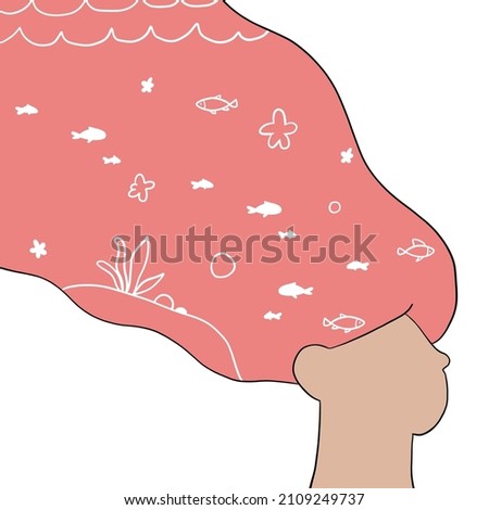 So cute beautiful girl with pink hair and sea world inside White background Flat illustration