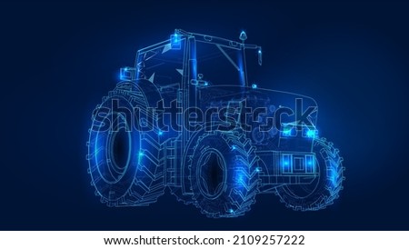 Polygonal 3d tractor in dark blue background. Online cargo delivery service, logistics or tracking app concept. Abstract vector illustration of online freight delivery service. Royalty-Free Stock Photo #2109257222