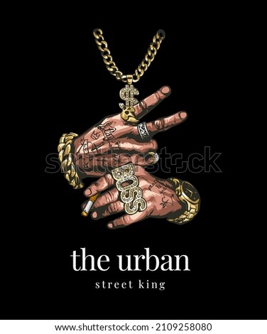 urban slogan with tattooed hand in gold acccessories holding cigarette on black background Royalty-Free Stock Photo #2109258080