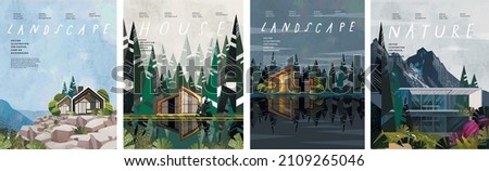 Landscape, nature, house. Vector illustrations of modern architecture, cottage and chalet surrounded by forests, mountains, trees, lake, river. Drawings for poster, background or cover Royalty-Free Stock Photo #2109265046