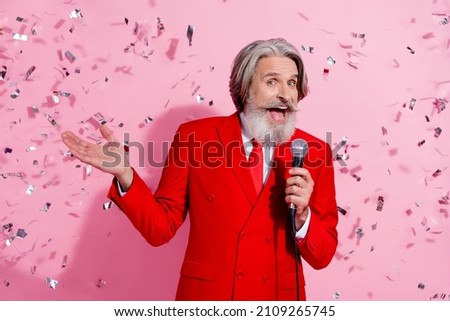 Portrait of attractive cheery trendy funny grey-haired man mc singing song hit pastime night club isolated over pink pastel color background Royalty-Free Stock Photo #2109265745