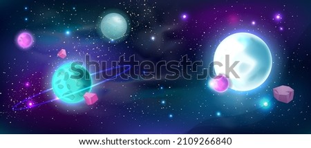 Space background, vector universe galaxy sky, cosmic night neon planet view, sci-fi game illustration. Shining moon, Saturn, star, asteroid, astrology futuristic wallpaper. Space abstract background Royalty-Free Stock Photo #2109266840