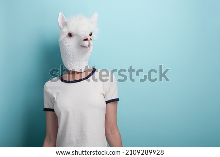 Young woman in alpaca mask, isolated on blue background with copy-space.
