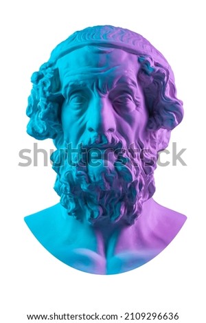 Blue pink gypsum copy of ancient statue Homer head for artists. Plaster antique sculpture of human face. Ancient greek poet and philosopher Homer is the legendary author of the poems Iliad and Odyssey Royalty-Free Stock Photo #2109296636