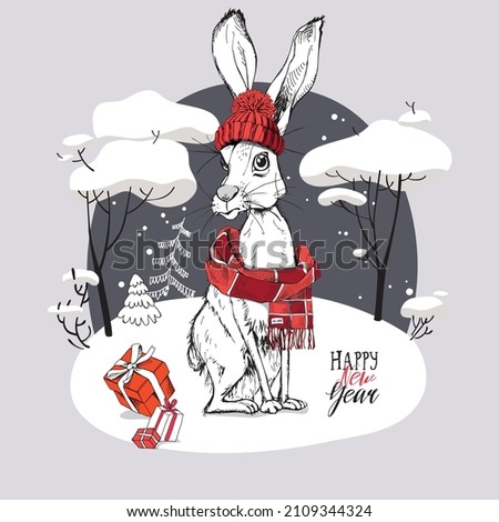 Merry Christmas and New year card. Funny hare in the red scarf and knitted hat with pompom. Snow-Covered forest. Hand drawn style print. Vector illustration.