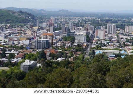 View of downtown Temuco from Ñielol Hill, Araucania Region, Chile Royalty-Free Stock Photo #2109344381