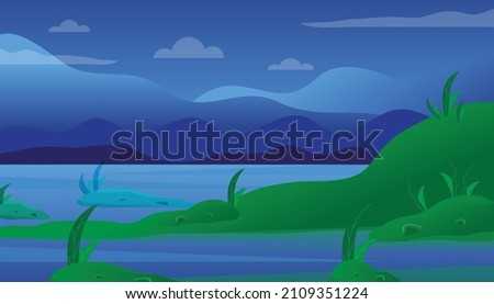 Beautiful landscape of mountain, sky and water with green nature around vector illustration.