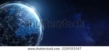 Internet network around Earth for telecommunications, blockchain, 5G cellular data connection, IoT, world finance or smart cities. Global satellite communications, space. Elements from NASA Royalty-Free Stock Photo #2109355547