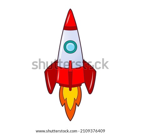 Rocket flying up into space , icon. Vector isolated illustration on white background . Black and white line art