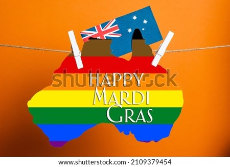 Australian map and flag with color Rainbow LGBT, Transgender, LGBTQ+ flag Pride symbol Mardi Gras Sydney background