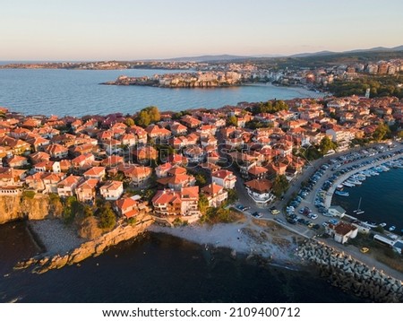 Aerial sunset view of old town of Sozopol, Burgas Region, Bulgaria
