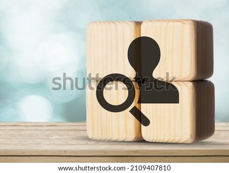 Buyer persona and target customer concept. Customer psychology profile or characteristics. wood cubes Royalty-Free Stock Photo #2109407810