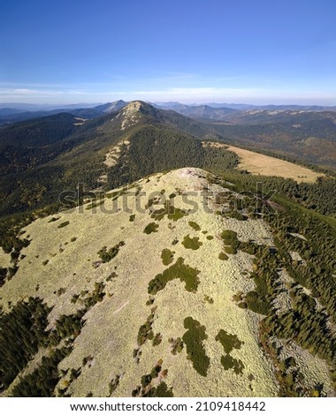 Aerial landscape view of high peaks with dark pine forest trees in wild mountains Royalty-Free Stock Photo #2109418442