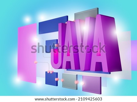 Java programming language. Programming with javascript. Creation of software. Using Java technology create a site. Java logo on blue background. Programming language. Programming courses. 3d image