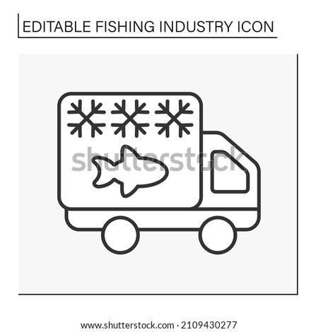  Transporting fish line icon. Transporting frozen fish or seafood. Storage for ready-made food.. Fishing industry concept. Isolated vector illustration. Editable stroke
