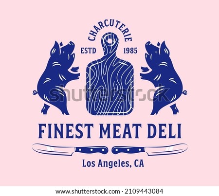 Pork meat business logo. Vintage elegant heraldry style pigs badge. Modern heraldry meat delicatessen emblem. Pork deli company. Retro pig icon. Premium butcher charcuterie logo Royalty-Free Stock Photo #2109443084