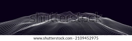 Wireframe Landscape Wire with Depth of Field Effect. 3D Topographic map background concept. Geography concept. Wavy backdrop. Space surface HUD Design Element. Royalty-Free Stock Photo #2109452975