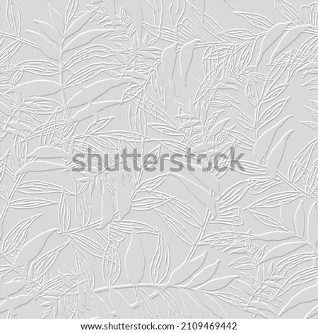 Embossed floral line art tracery 3d seamless pattern. Ornamental beautiful leafy relief background. Repeat textured white backdrop. Surface leaves, branches. 3d endless ornament with embossing effect. Royalty-Free Stock Photo #2109469442
