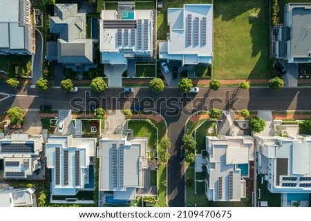 Aerial top down neighbourhood view of modern prestige houses in suburban Sydney, Australia. Royalty-Free Stock Photo #2109470675