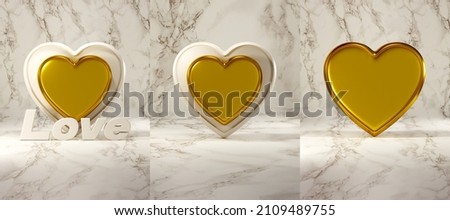 3D rendering Collection Set Happy Valentine's Day, three-dimensional object golden heart on white marble Background