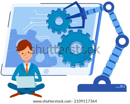 Businessman conducting experiments with mechanical arm. Artificial intelligence for startup development. Robotic arm for lifting weights, production work. Modern technologies for new business project