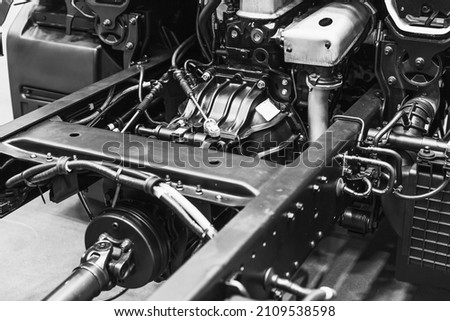 Truck car gear box inside under hood chassis clean new. Royalty-Free Stock Photo #2109538598