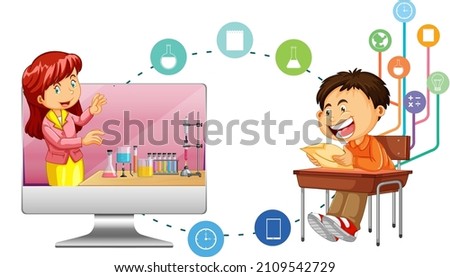 Young boy studying in front of computer  illustration