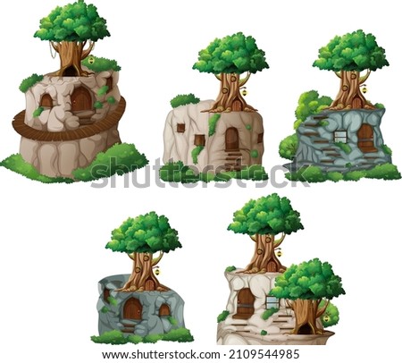 Set of different fantasy tree on cliff  illustration