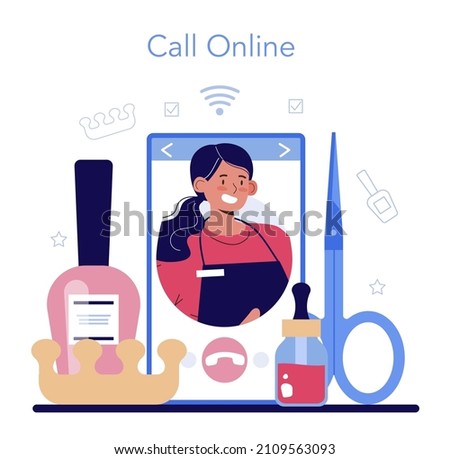 Manicurist service online service or platform. Nail treatment and design. Manicure master is doing nail art. Online call. Flat vector illustration