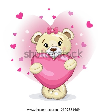 Cute teddy bear girl with a pink  hear in her paws. Teddy bear on a pink background with hearts. Vector cartoon illustration for Valentine's day or birthday.