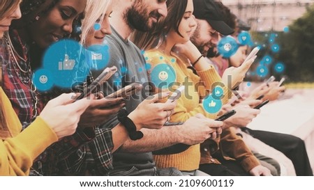 Group of young people using social network on smartphone - generation z person looking at smartphone screen - flat emoticons graphic on top Royalty-Free Stock Photo #2109600119