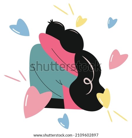 Loving couple, back view. Man and woman are hugging. Love, romance, hearts. Vector flat illustration. Color clipart with hearts. Isolated holiday design element, decor, postcard for Valentine's Day.