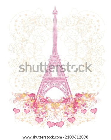 Eiffel tower artistic card, decorative floral background 