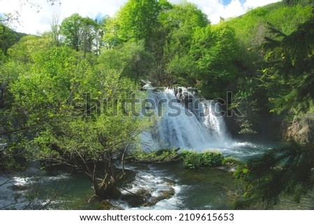 The might of nature - waterfalls of the beautiful mountain river Una in Martin Brod village of Bosnia and Herzegovina