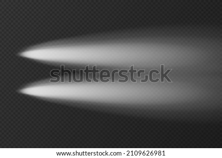White transparent car head light top view on dark background. Vector shine beam on night road. Glow effect of LED auto spotlight. Bright vehicle headlight in nighttime template Royalty-Free Stock Photo #2109626981