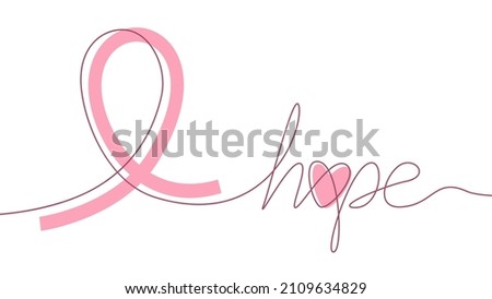 Pink ribbon and inscription hope line art. Breast cancer awareness.Vector stock illustration. 