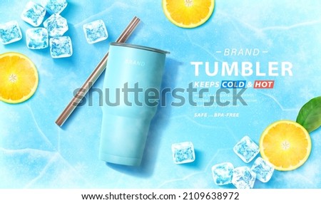 Blue tumbler banner ad. 3D Illustration of a covered tumbler bottle with its stainless straw lying on blue icy surface with ice cubes and lemon slices placed aside Royalty-Free Stock Photo #2109638972
