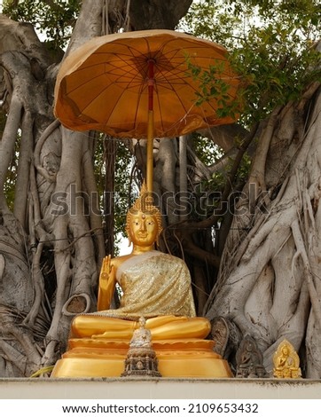 golden buddha statue under umbrella in thai temple